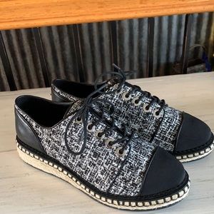 Karl Lagerfeld Lena Oxfords Espadrilles Sz 6.5 Black Faux Leather Tweed Textile